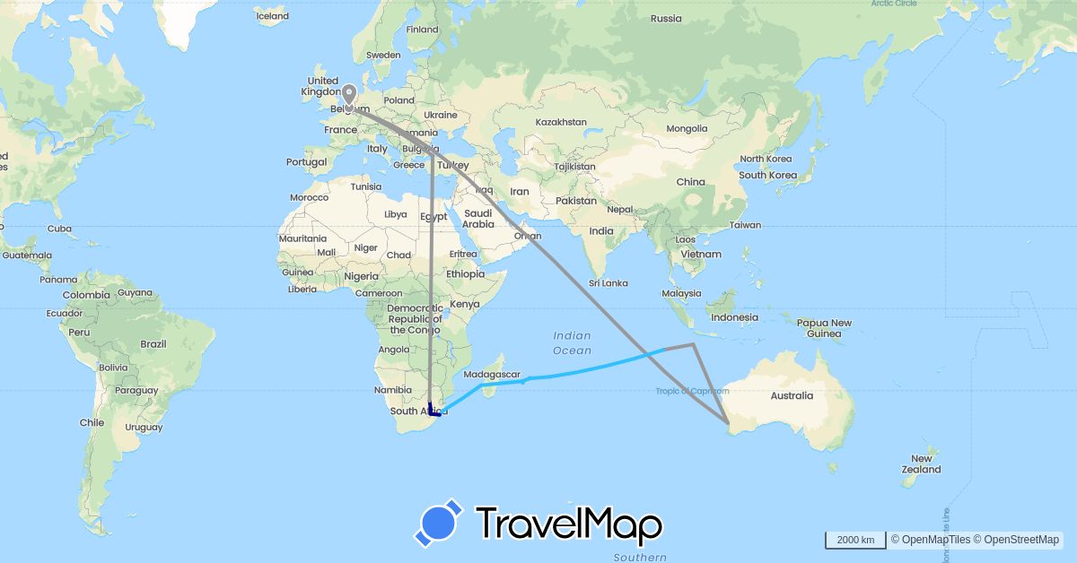 TravelMap itinerary: driving, plane, boat in Australia, Belgium, France, Lesotho, Madagascar, Mauritius, Qatar, Turkey, South Africa (Africa, Asia, Europe, Oceania)