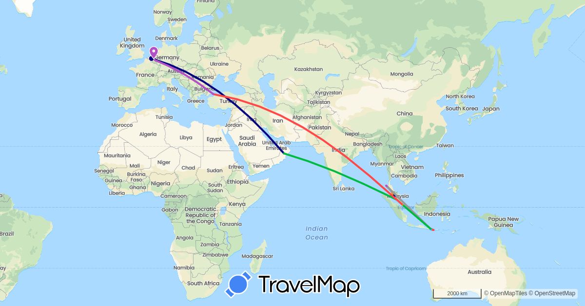 TravelMap itinerary: driving, bus, plane, cycling, train, hiking, boat, hitchhiking, electric vehicle in Belgium, Indonesia, Malaysia, Oman, Singapore, Thailand, Turkey (Asia, Europe)